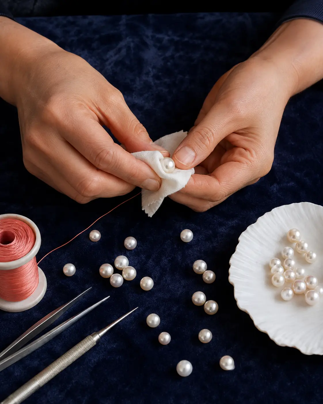 Artisan hands polishing and sorting cultured pearls on a navy worktable