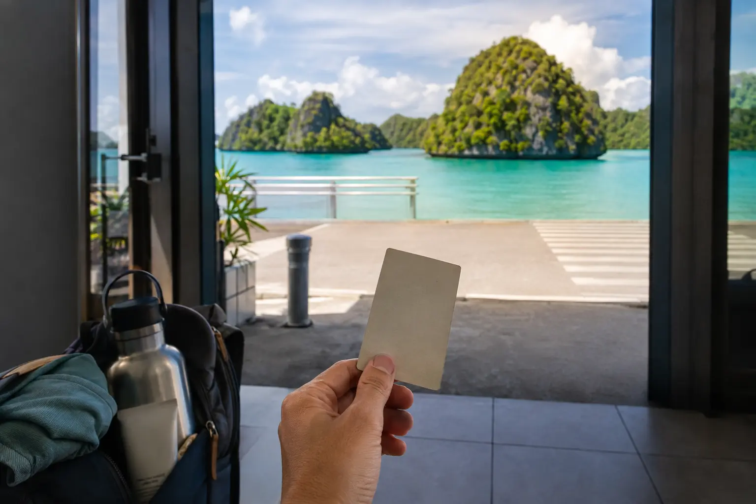 Traveller holding an unreadable pledge card at an arrival threshold overlooking Palau’s turquoise lagoon and limestone islands