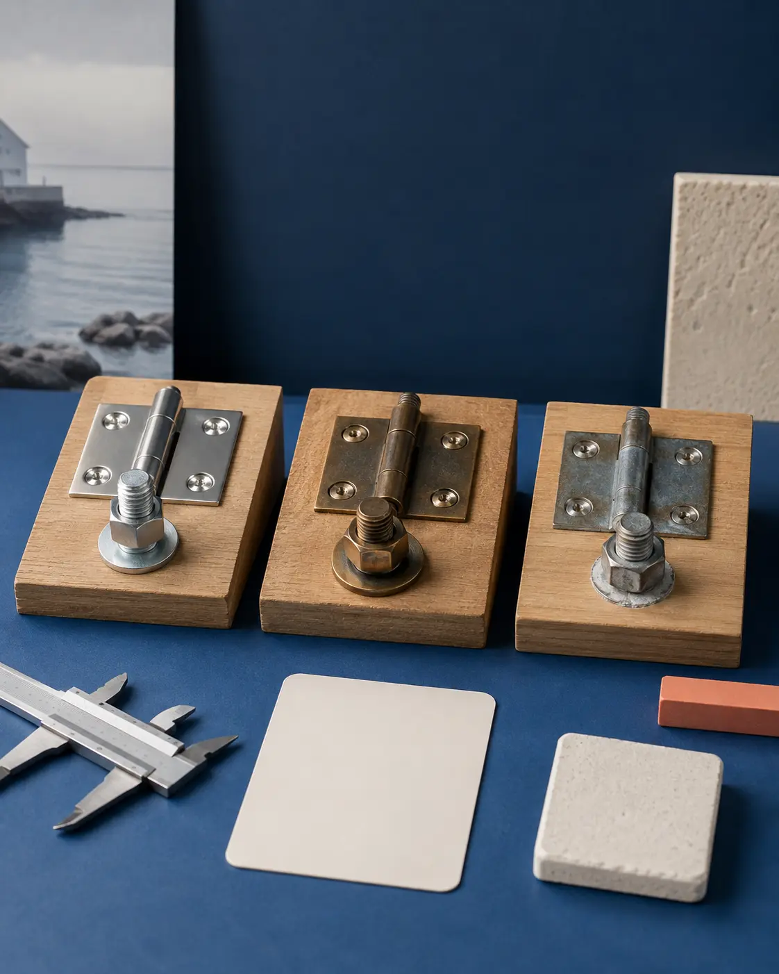 Three coastal hardware assemblies compared on timber boards