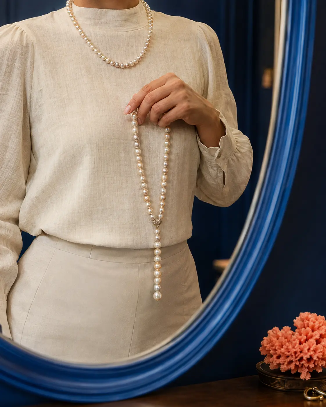 Person comparing subtle and expressive pearl jewellery in a mirror