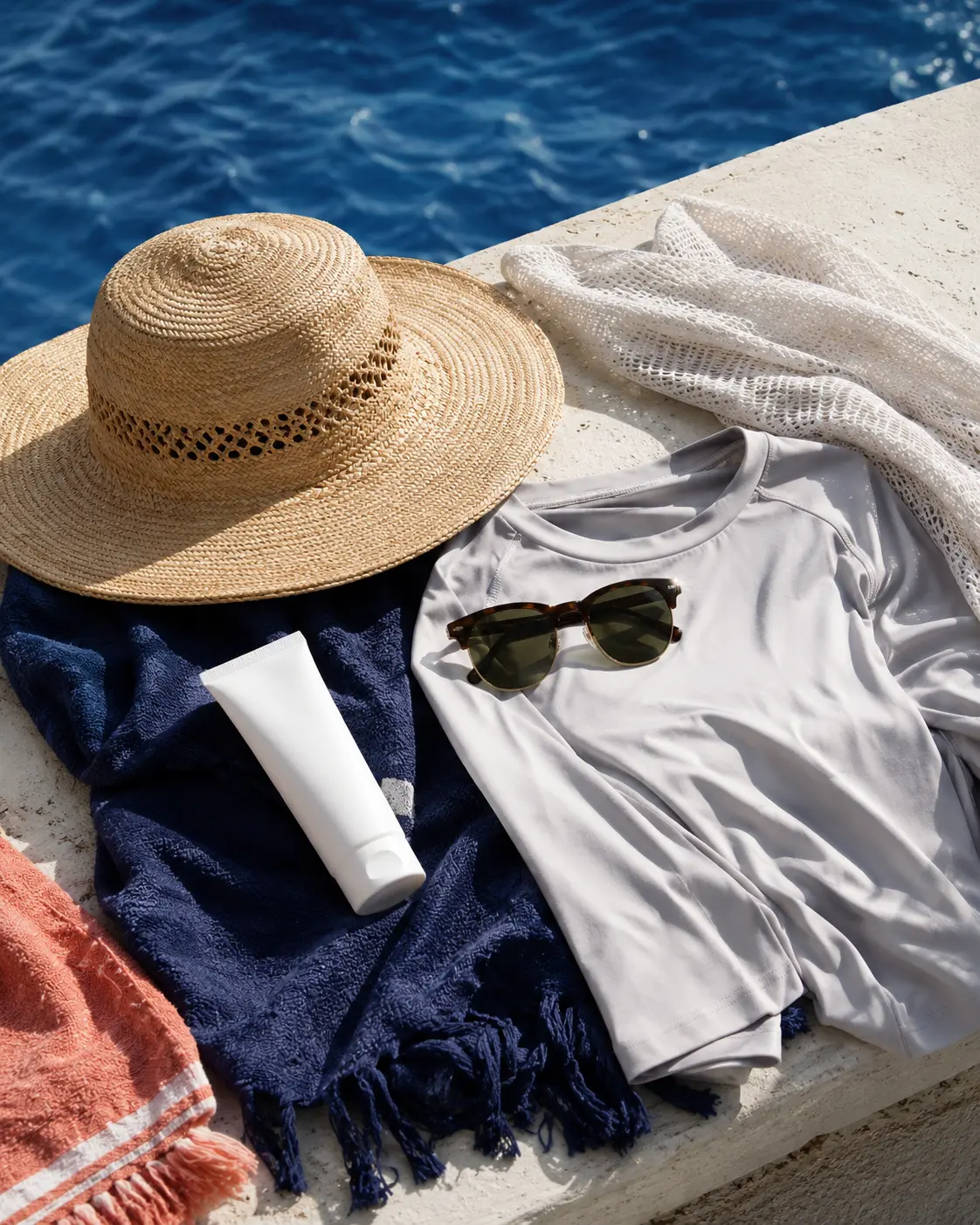 Layered coastal sun protection with hat, UV shirt, sunglasses and sunscreen