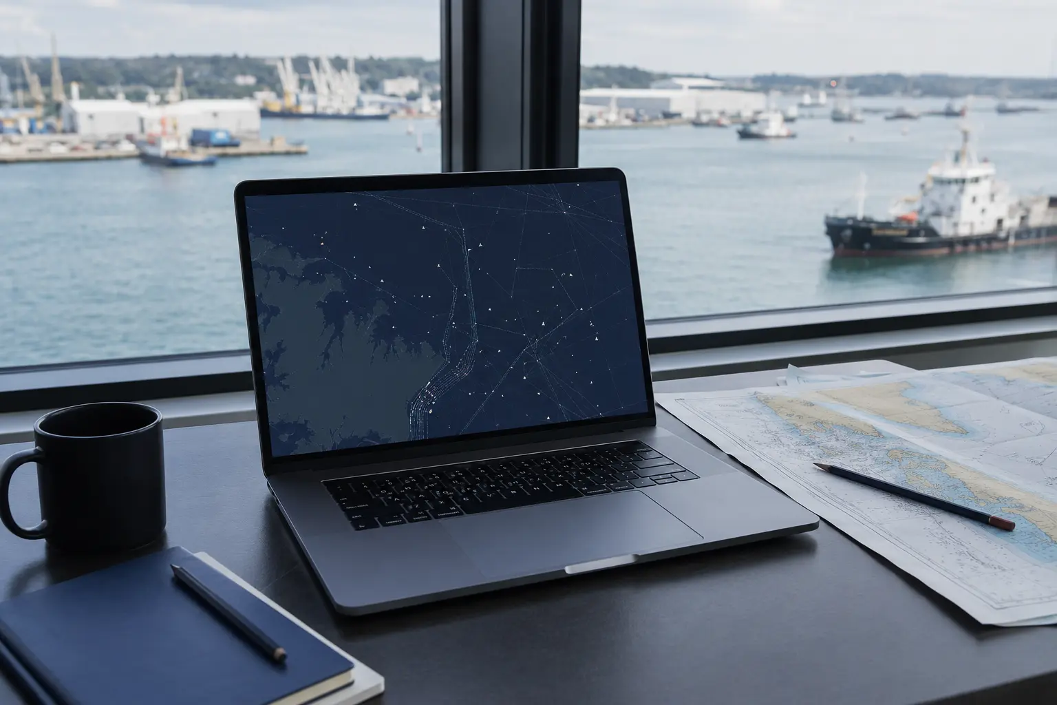 Marine analyst desk with a vessel-track map on a laptop, nautical charts and working boats outside