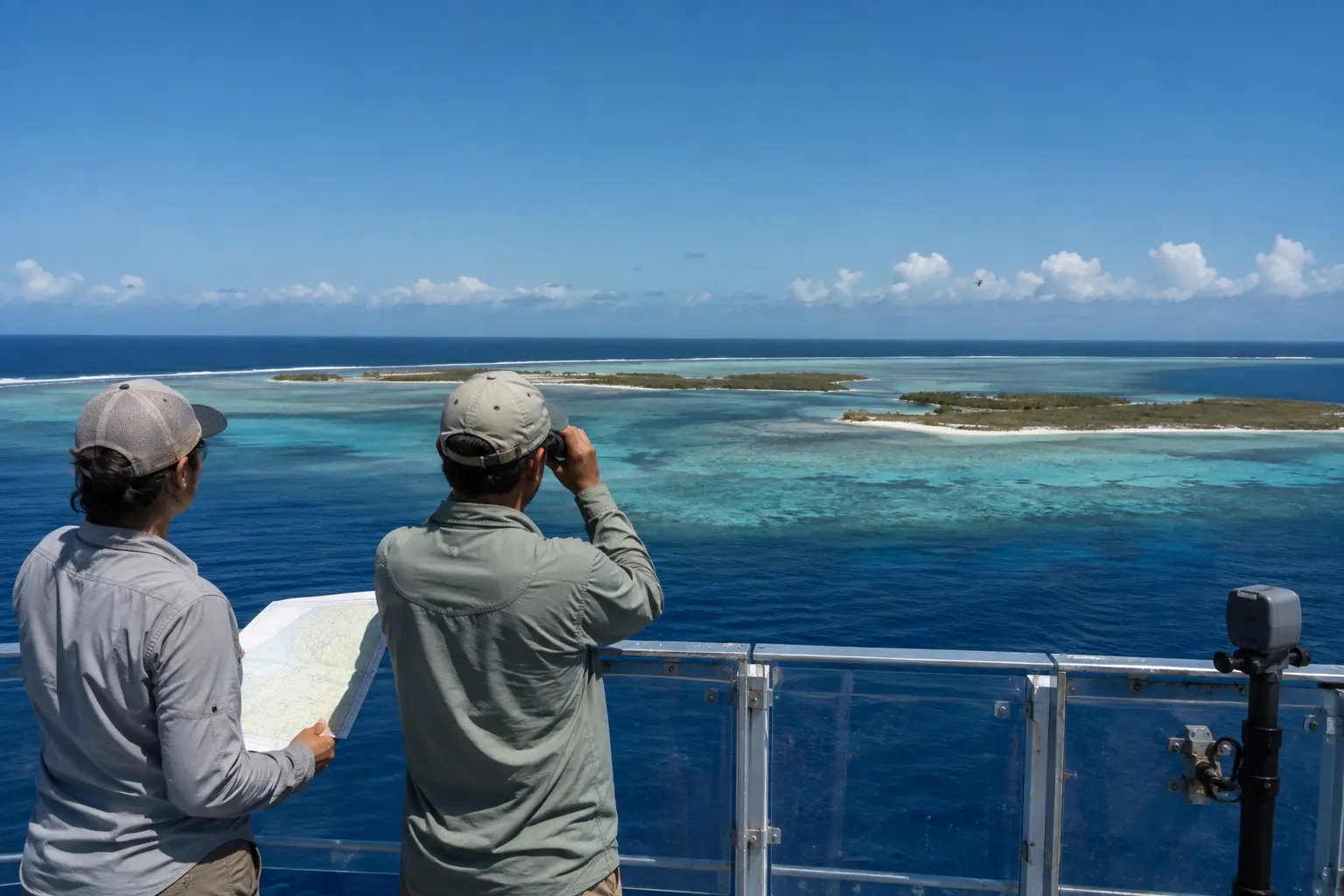 Conservation researchers observing a remote Pacific coral atoll from a permitted research vessel