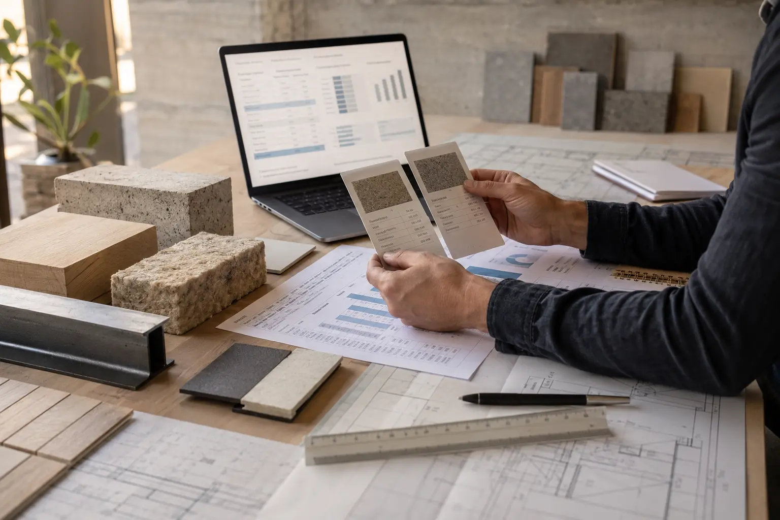Architect comparing material samples, EPD documents and embodied-carbon data in a coastal design studio