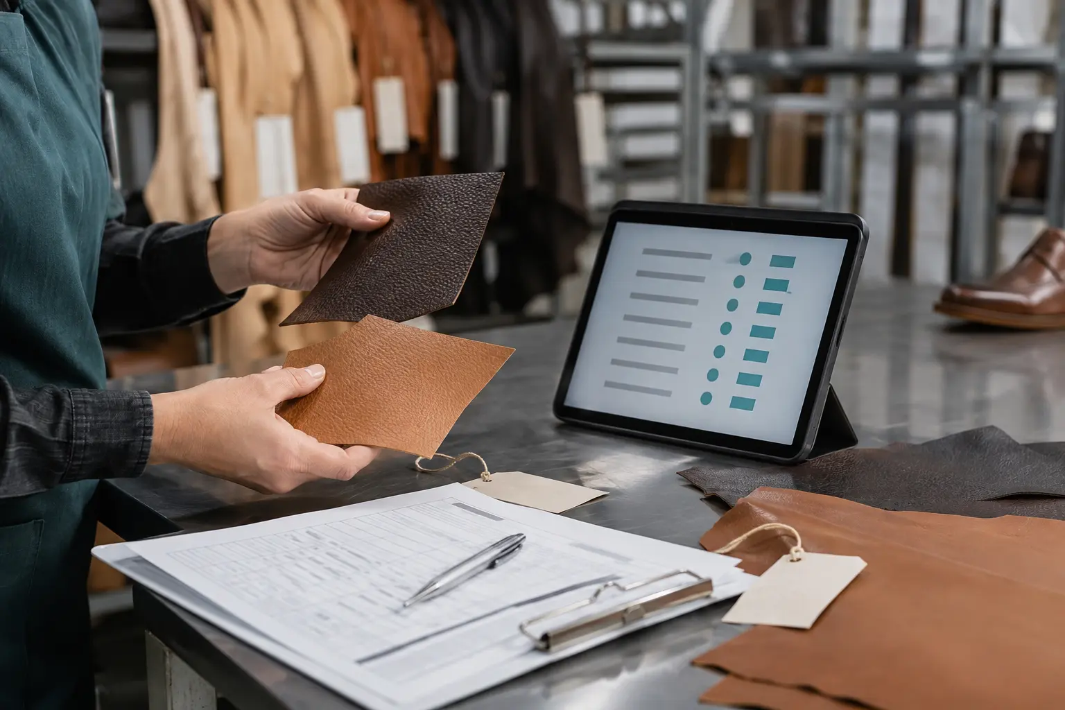 Auditor comparing leather swatches, facility records and a digital assessment checklist in a tannery workspace