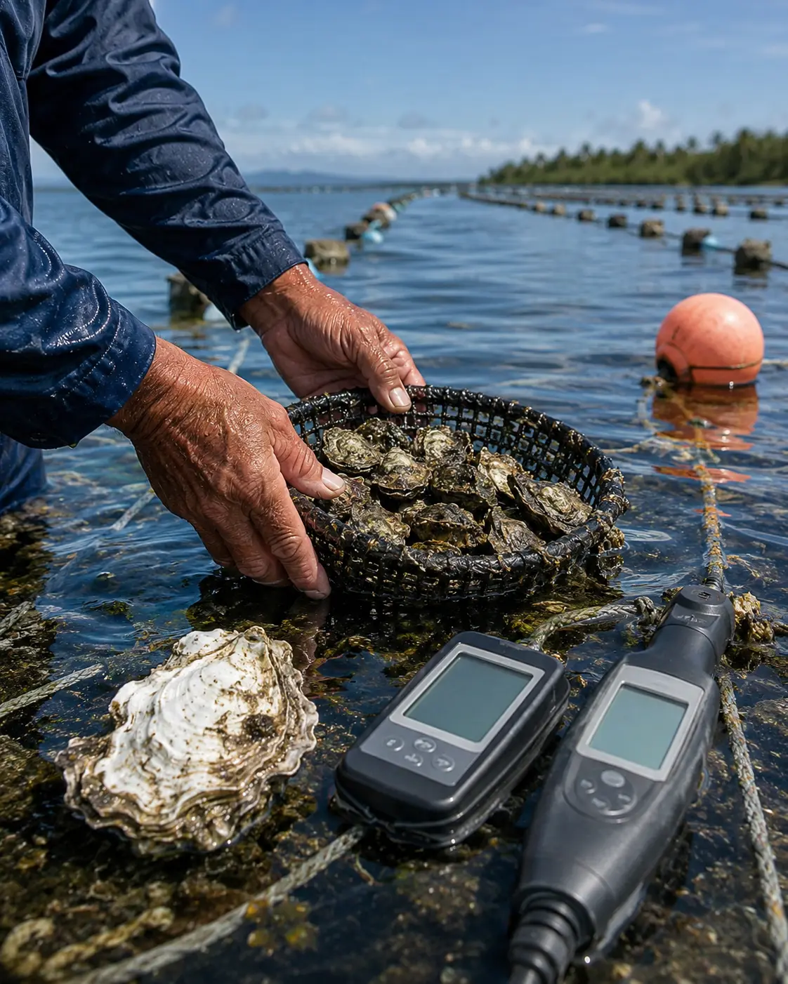 Pearl farmer lifting an oyster basket beside lagoon monitoring instruments