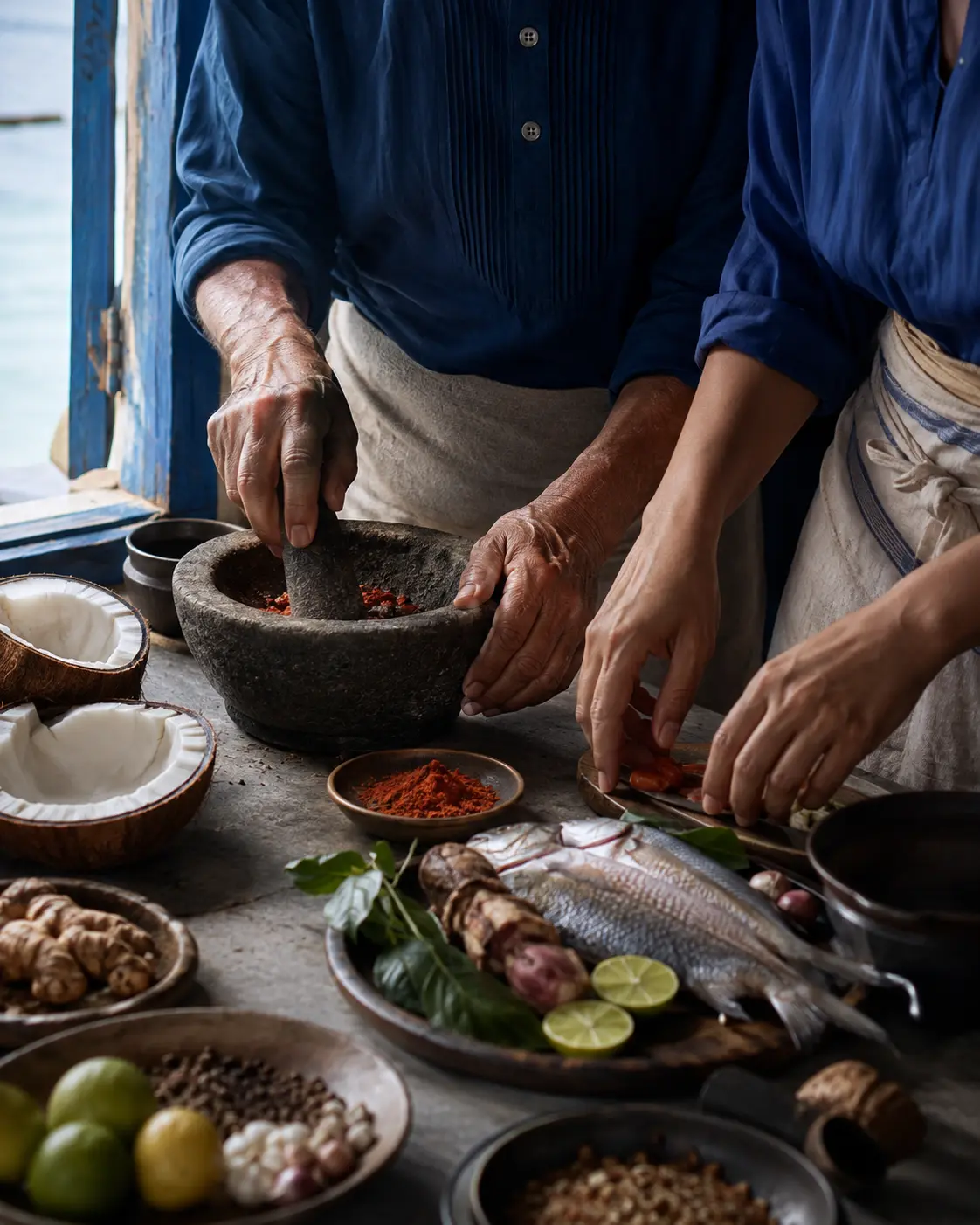 Two generations preparing fish and regional spices together in a coastal kitchen