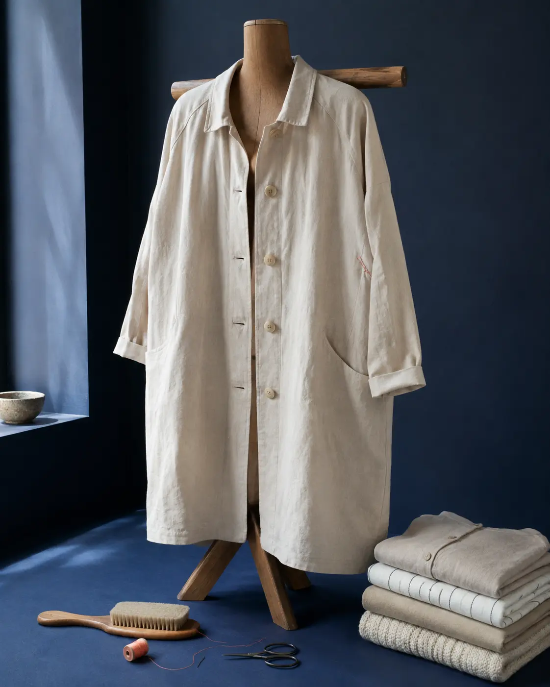 Well-constructed linen garment with repair stitching, replaceable buttons and care tools
