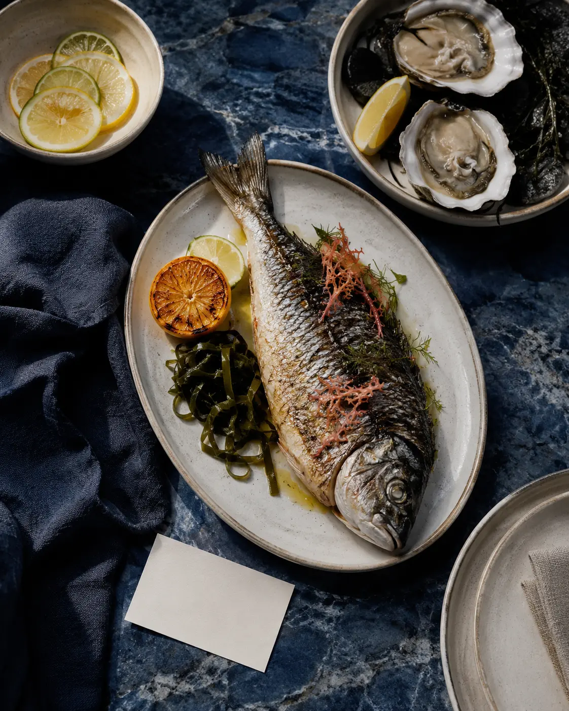 Contemporary coastal table with fish, oysters, seaweed, citrus and traceability cues