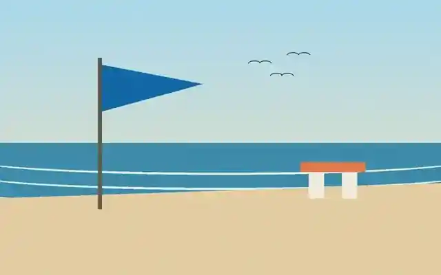 AI-generated editorial scene of a plain blue flag above a managed beach with sea, sand and safety facilities