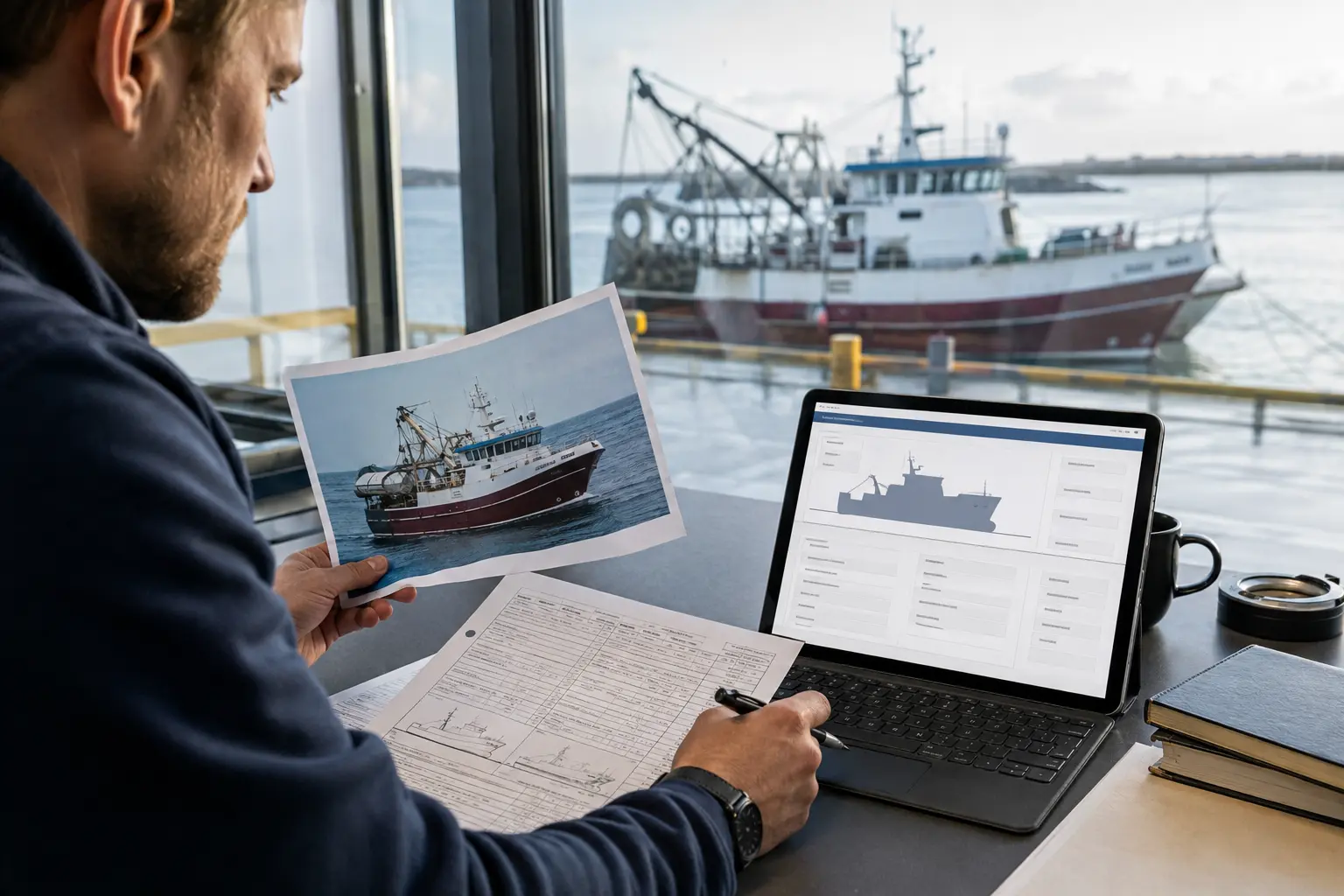 Maritime researcher comparing a fishing-vessel photograph, registration record and public vessel database beside a working harbour