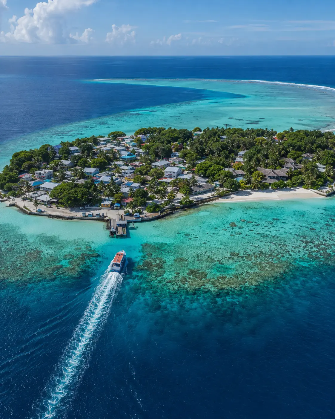 Aerial view of a lived-in tropical island, reef lagoon and approaching ferry