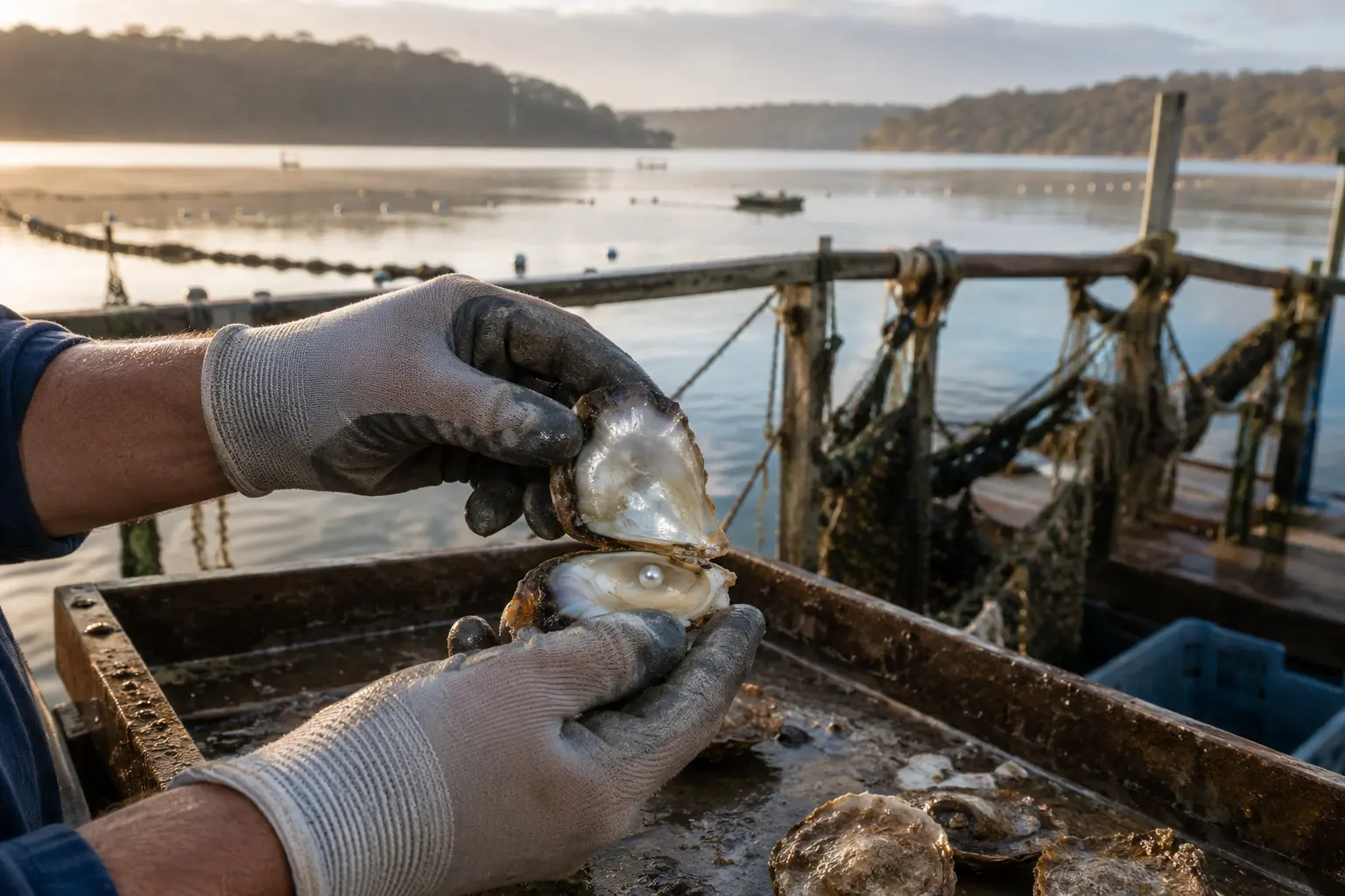 Pearl farmer opening an Akoya oyster at a working Hawkesbury estuary pearl farm at dawn