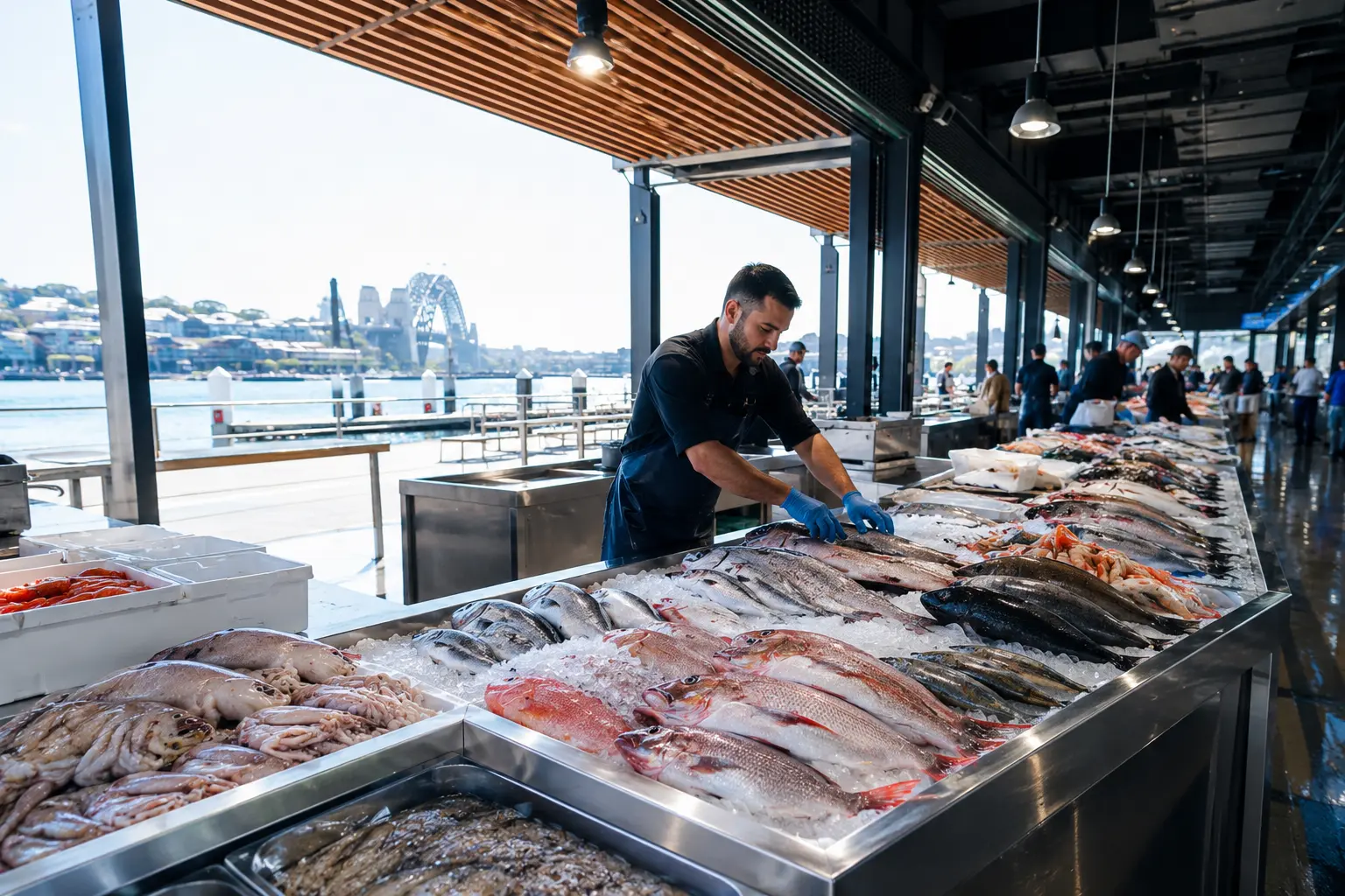 Modern waterfront fish market with fresh whole seafood on ice, a market worker and Sydney harbour beyond