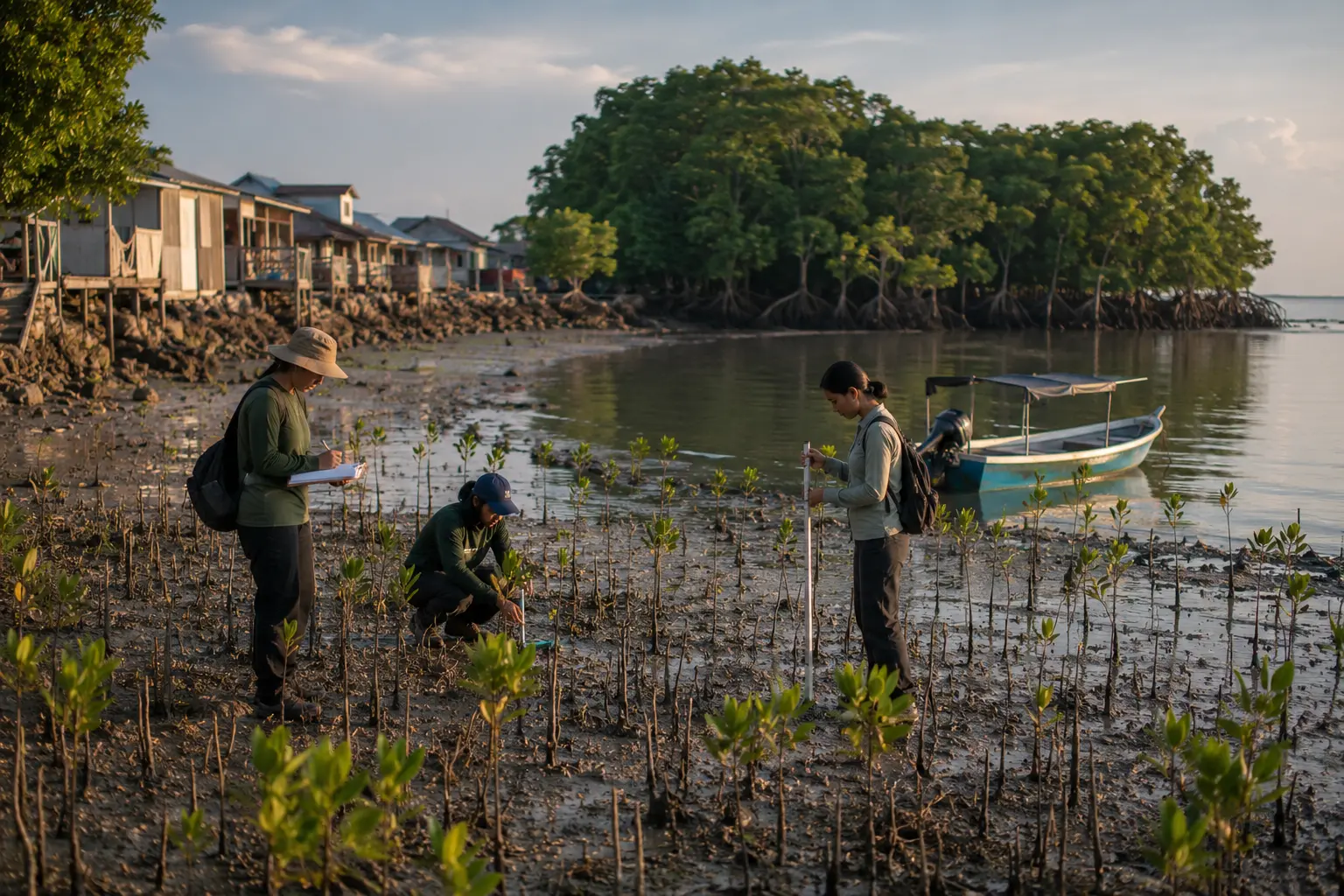 Field team measuring young mangrove restoration plots beside a coastal community and working boat