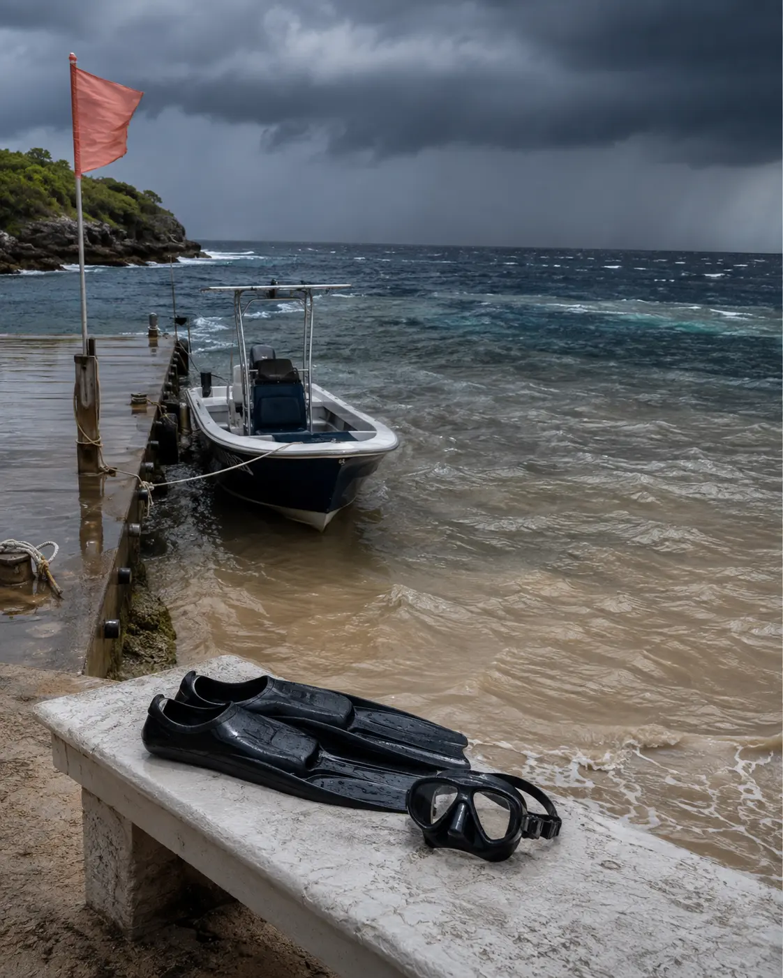 Unused dive gear and a docked boat as rough weather moves across reef water