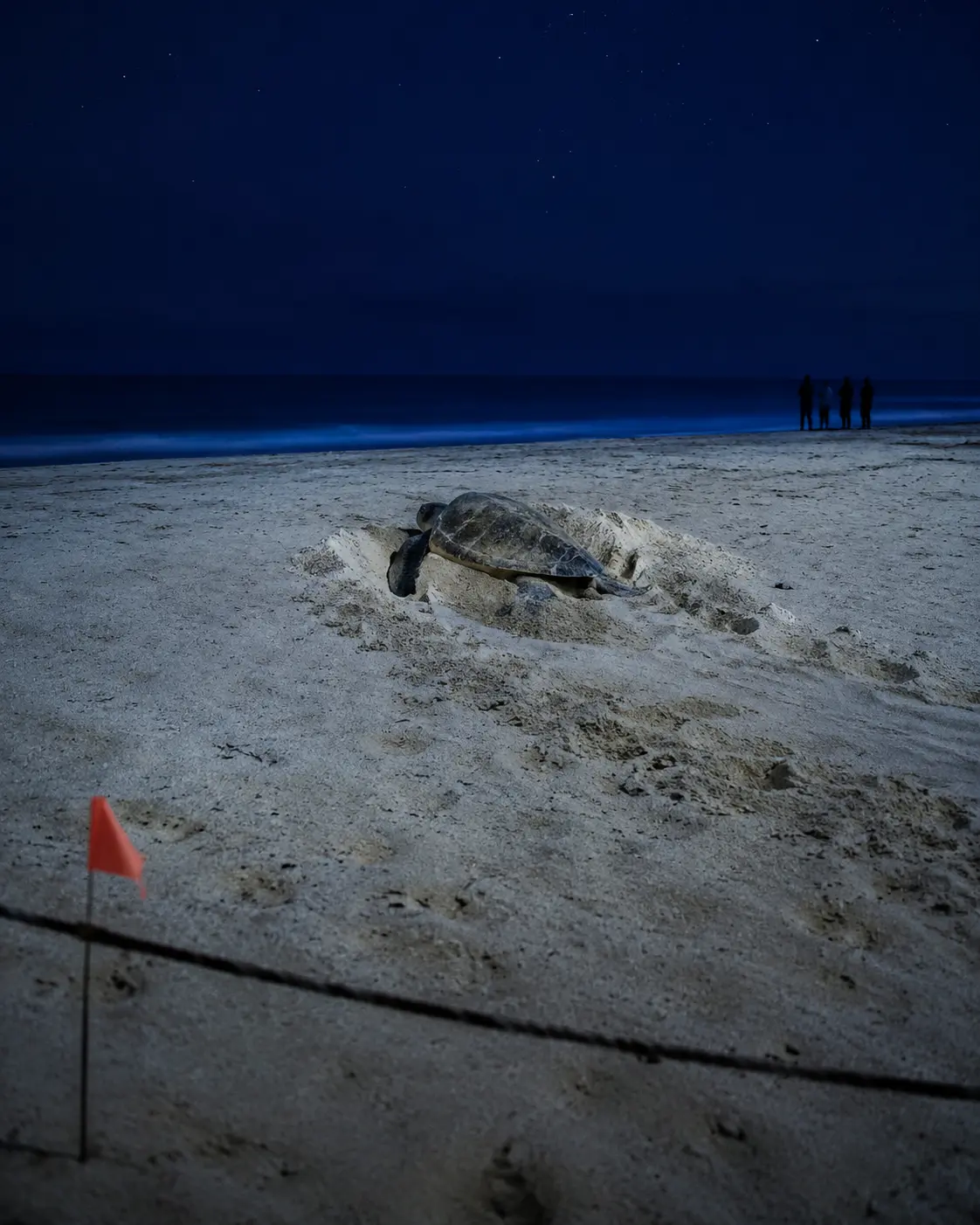 Nesting sea turtle viewed from behind an organised-watch boundary at night