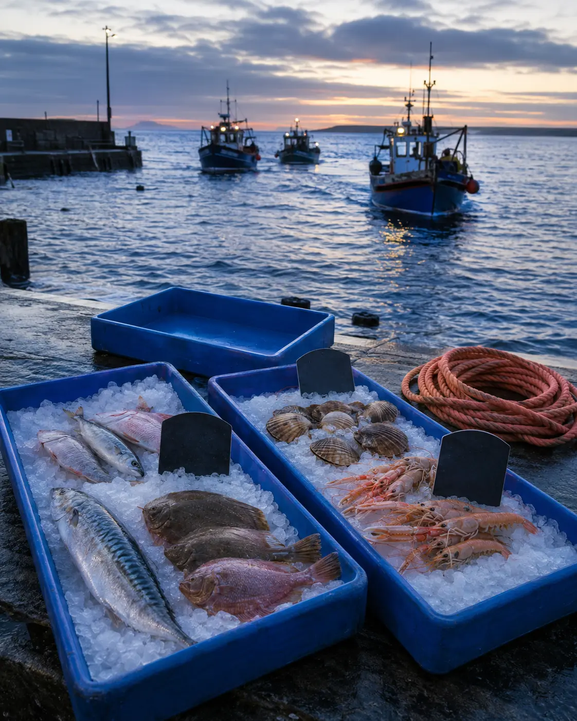Short seasonal catch at dawn beside one intentionally empty market tray