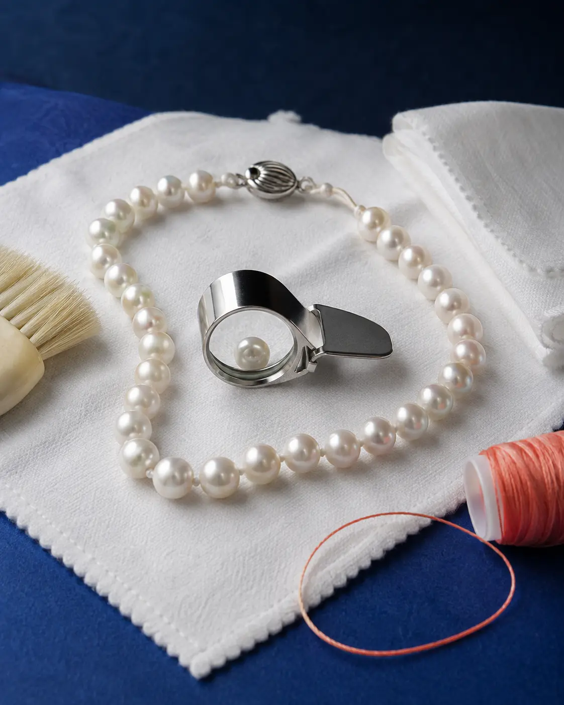 Pearl strand under inspection with visible knots, clasp, loupe and care tools