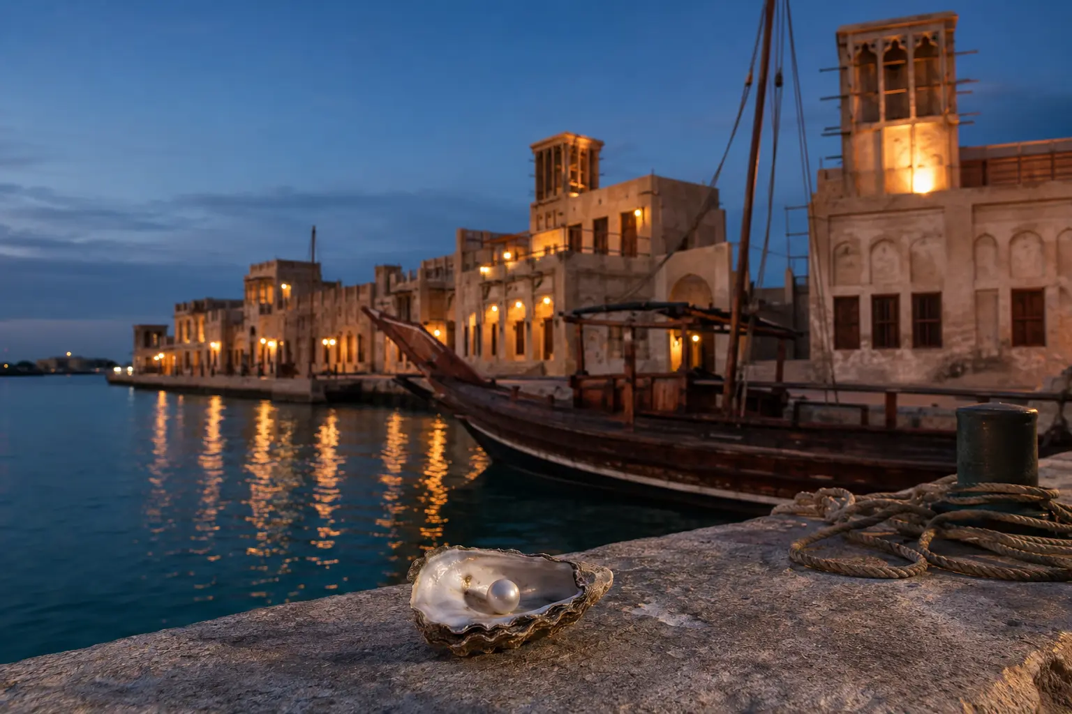 Historic Muharraq waterfront architecture, a wooden dhow and a pearl oyster at blue hour