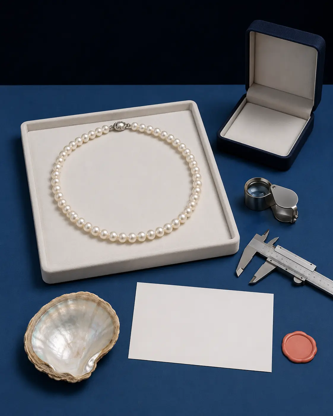 Pearl strand on an examination tray beside a loupe, caliper and blank invoice
