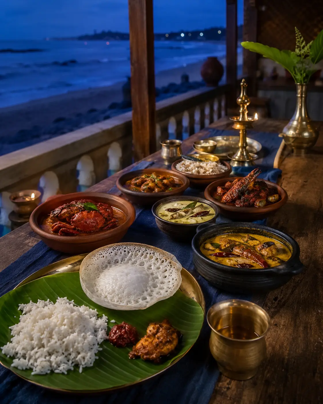Indian coastal dishes arranged on a blue-hour veranda beside the sea