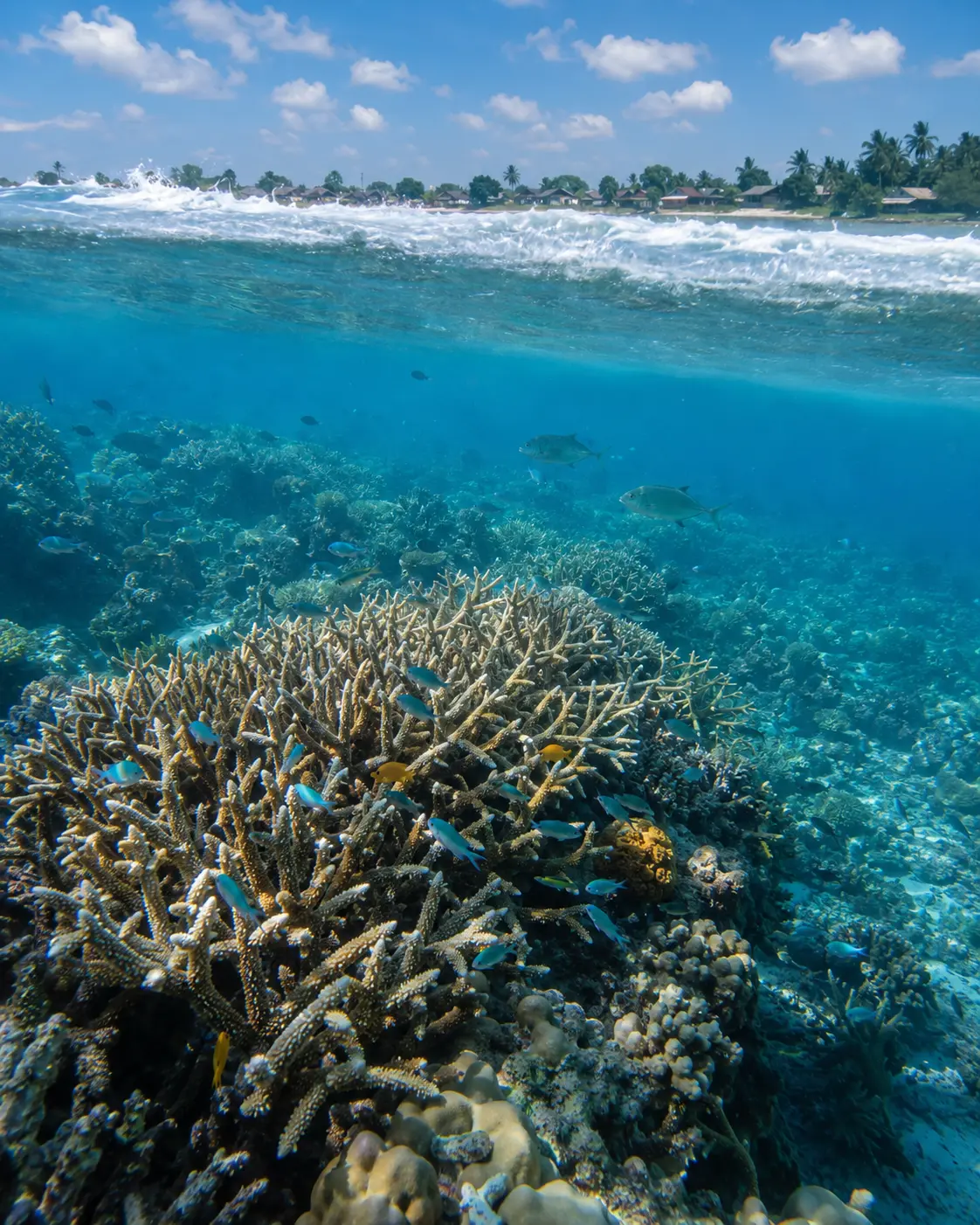 Healthy coral reef with schooling fish beneath a wave-break line and coastal community