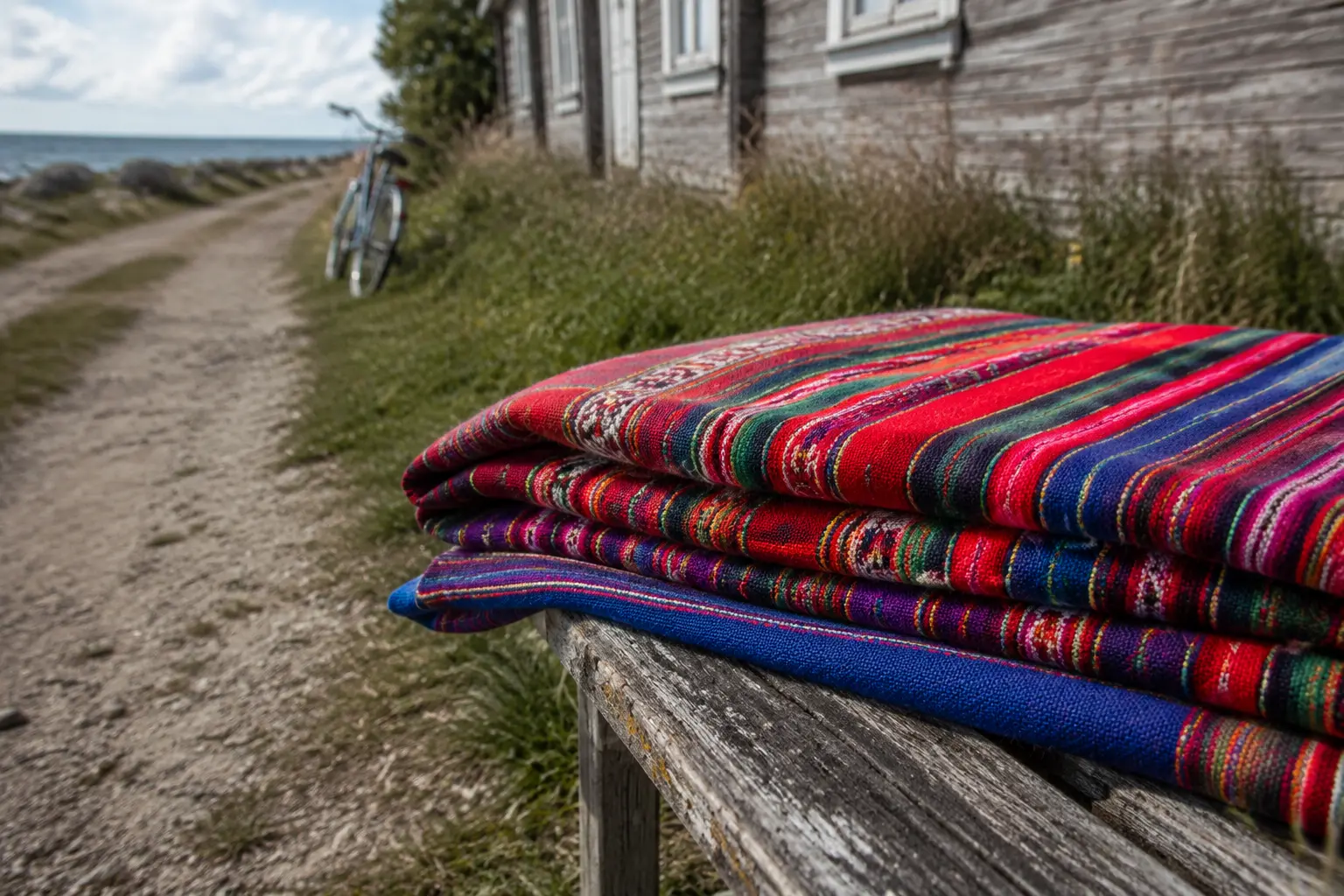 Folded vivid striped wool textiles on a weathered bench beside a Baltic island lane and wooden house