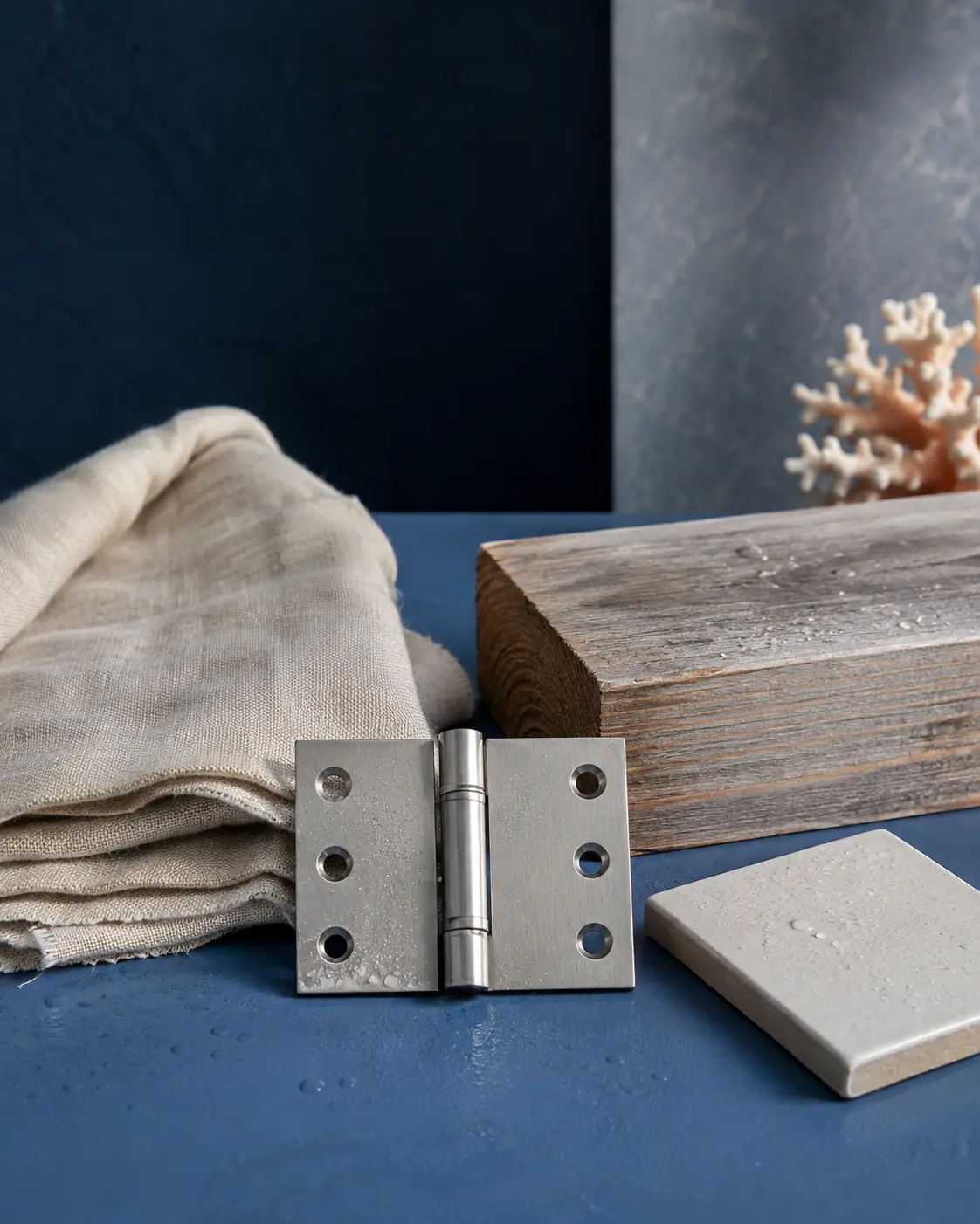 Salt-exposed hinge, weathered timber, faded linen and ceramic material samples