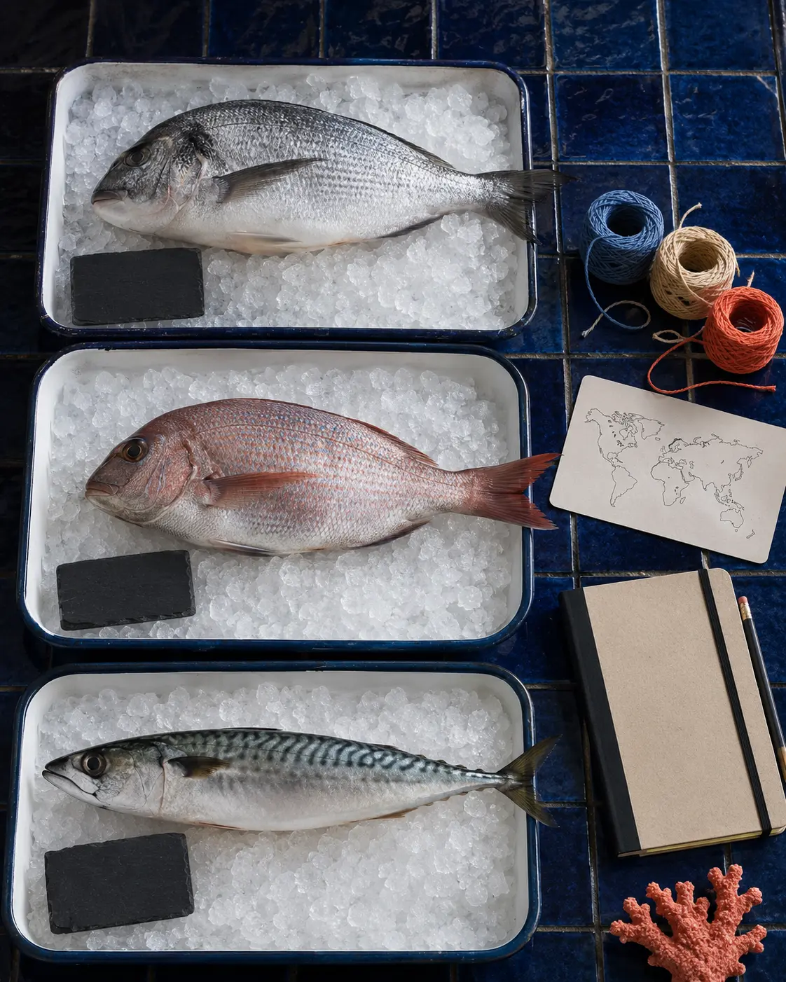 Three different whole fish displayed with blank identity markers on a cobalt market counter