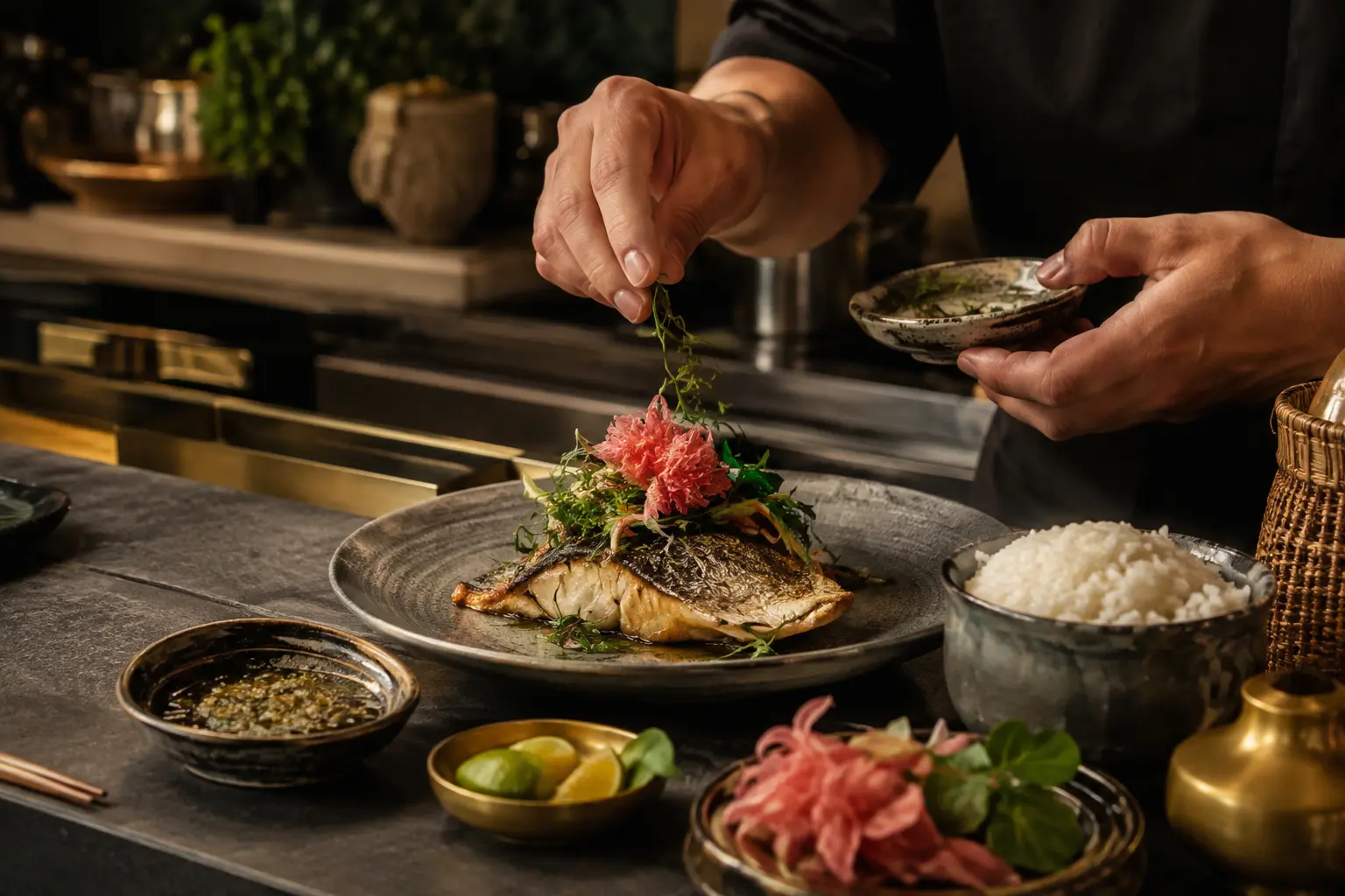 Chef finishing a contemporary coastal fish dish with Malay-Archipelago herbs, handmade ceramics and brass tableware