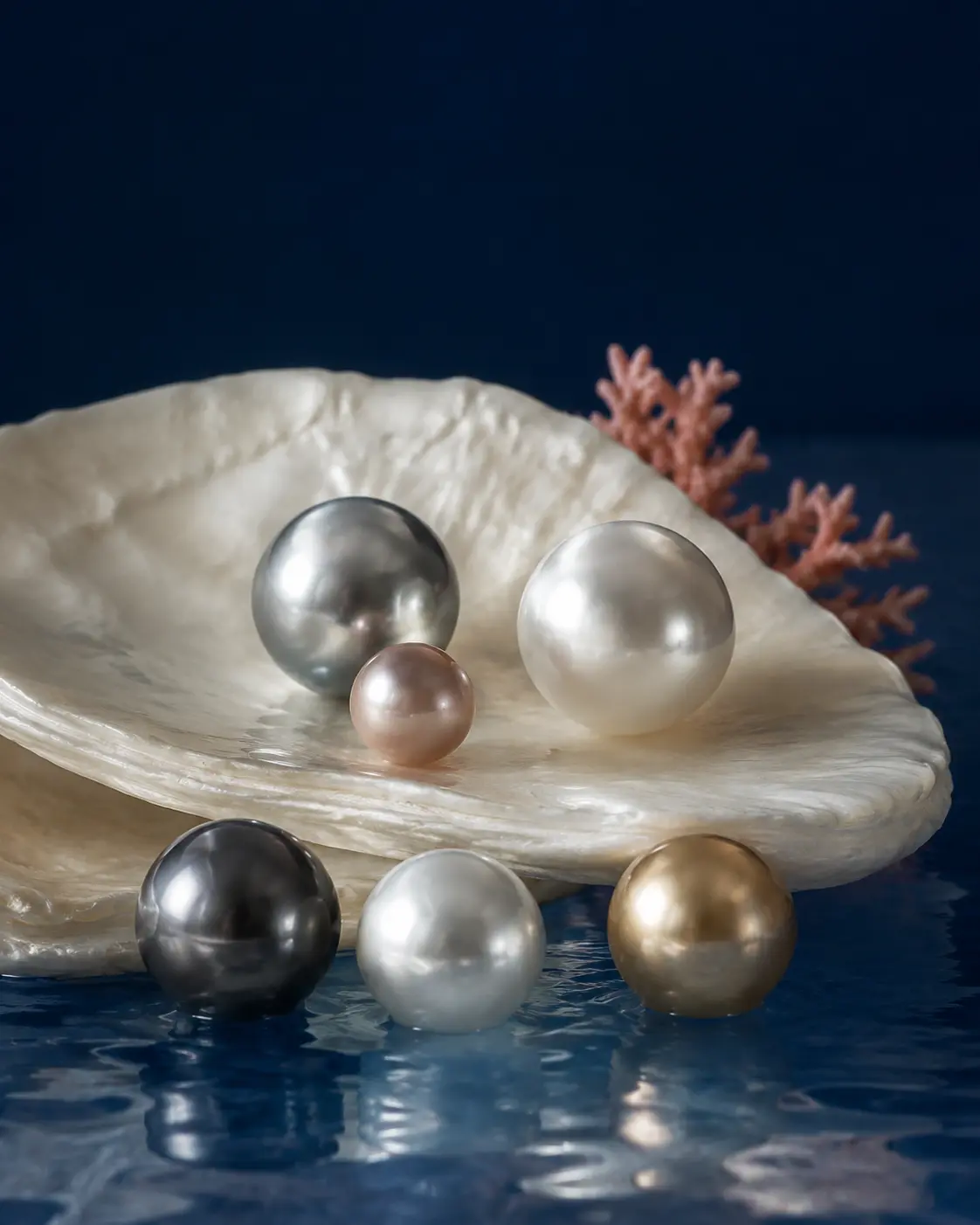 Cultured pearls with visibly different lustre arranged on a shell above cobalt water