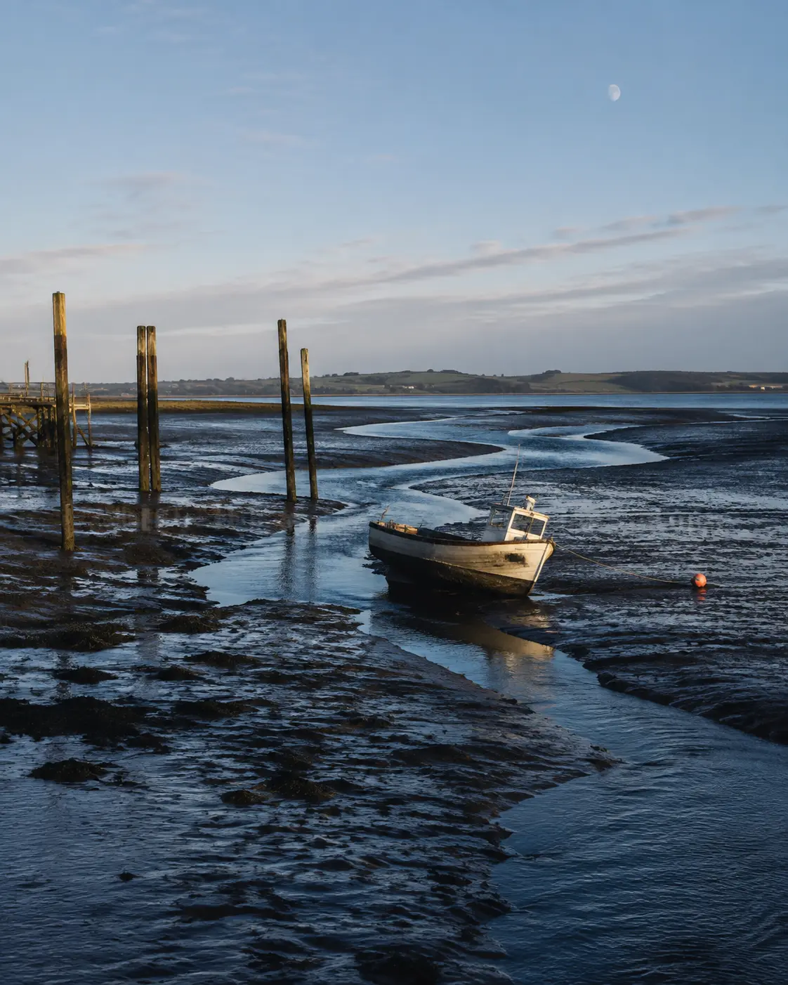 Low-tide flats with winding channels, harbour posts and a grounded working boat