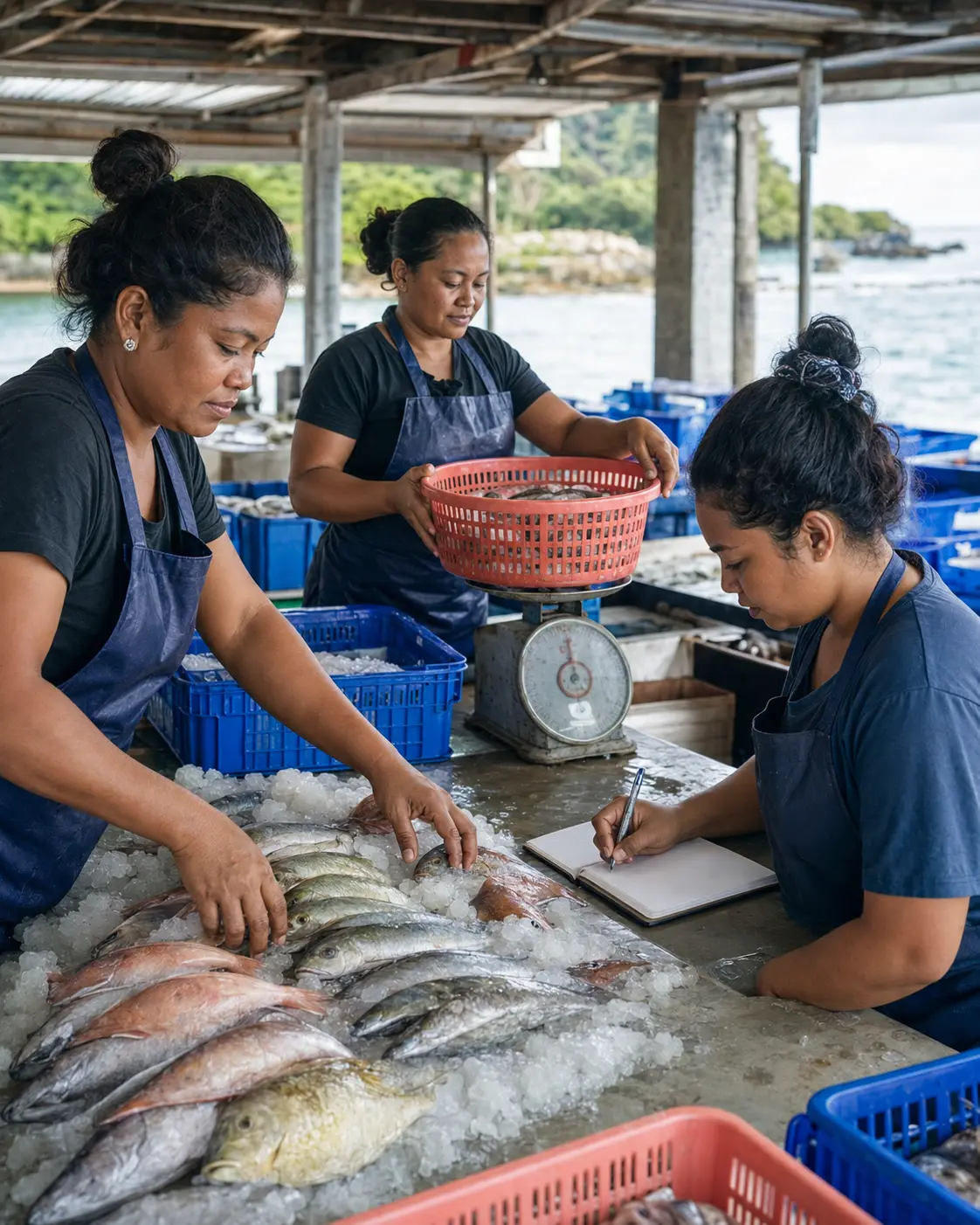 Women sorting, weighing and recording fish sales in a coastal market