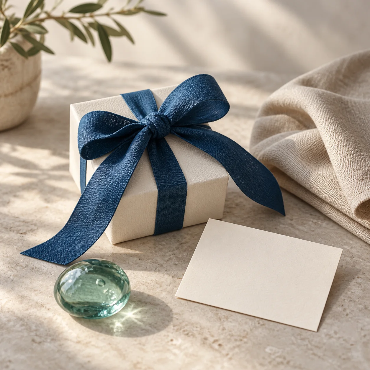 An ivory gift box with a blue ribbon, a blank note card and a sea-green glass keepsake
