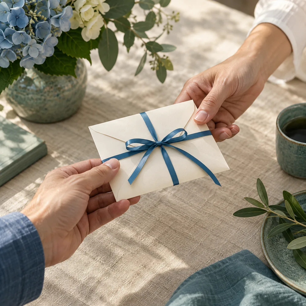 AI-generated image of hands exchanging a blank gift envelope with a blue ribbon