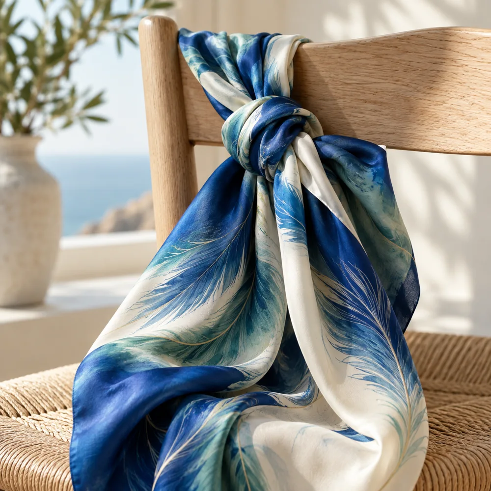 AI-generated editorial inspiration for The Feather Silk Scarf in Blue Multi