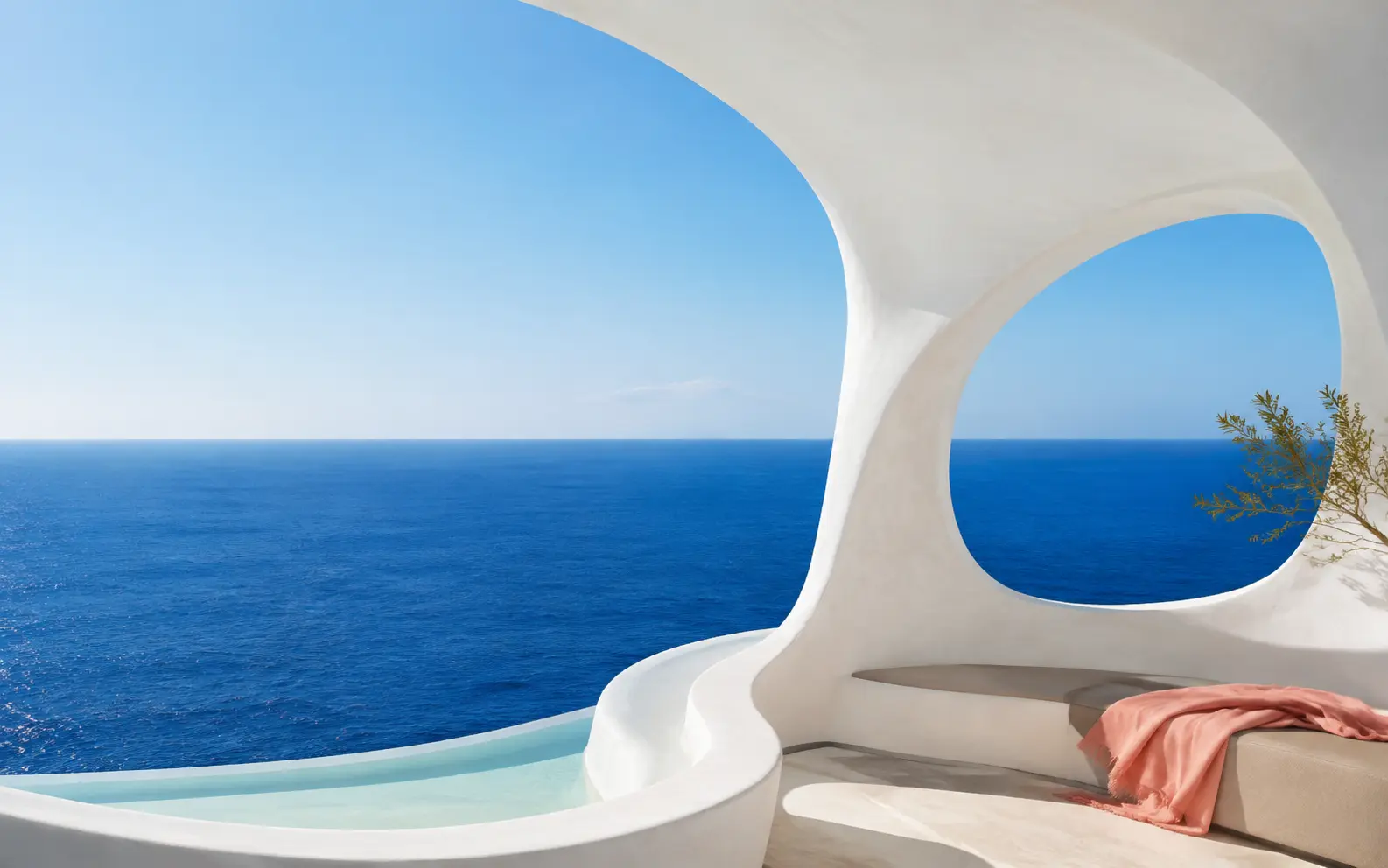 A sunlit coastal terrace looking out across the blue sea