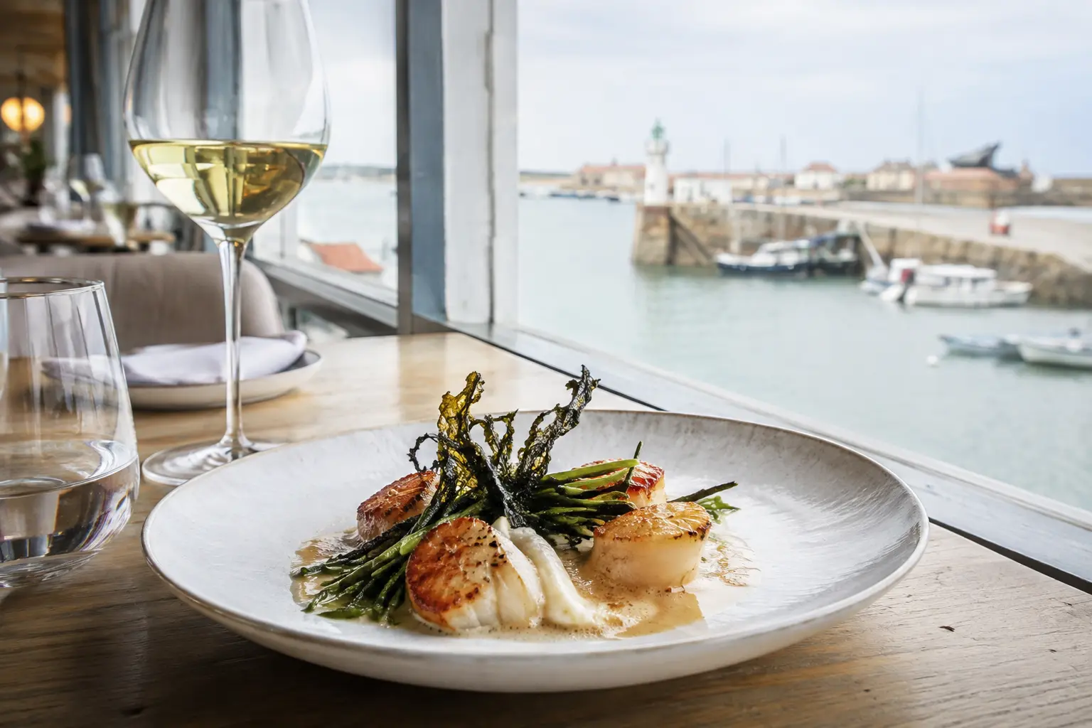 A refined seafood dish overlooking an Atlantic fishing harbour