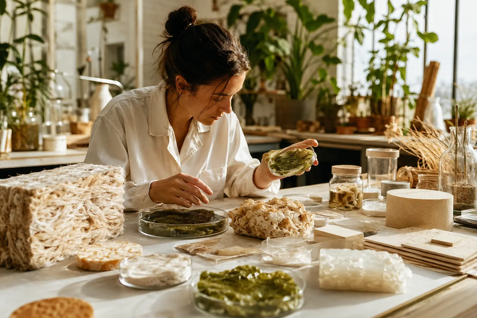A researcher comparing algae, fibre and biopolymer material samples
