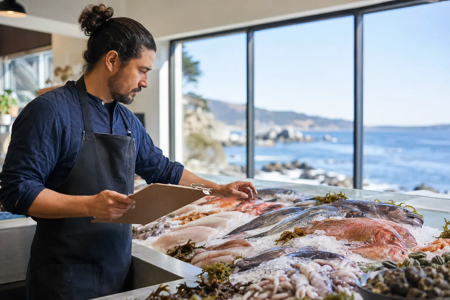 A seafood buyer comparing fish and provenance notes at a coastal counter