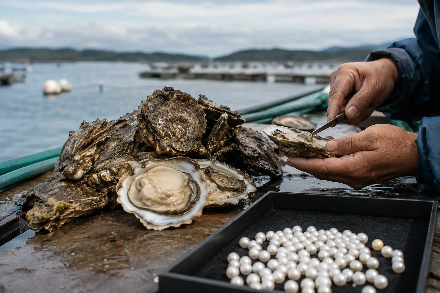 Akoya pearl oysters and cultured pearls at a coastal pearl farm
