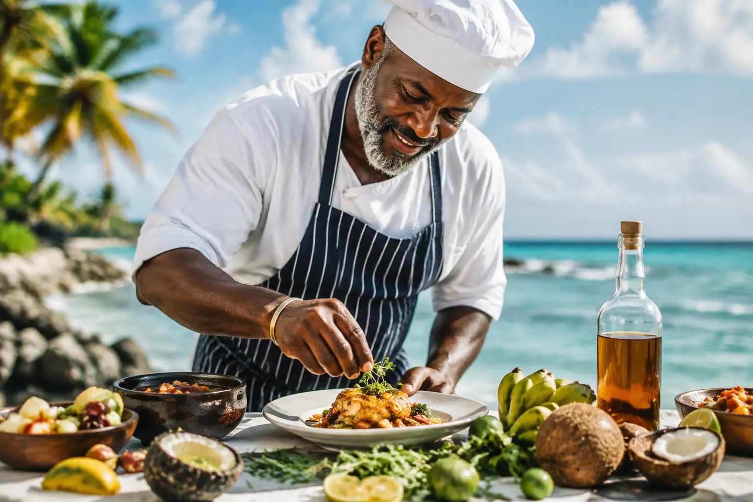 AI-generated editorial representation of a Caribbean chef preparing a coastal dish outdoors