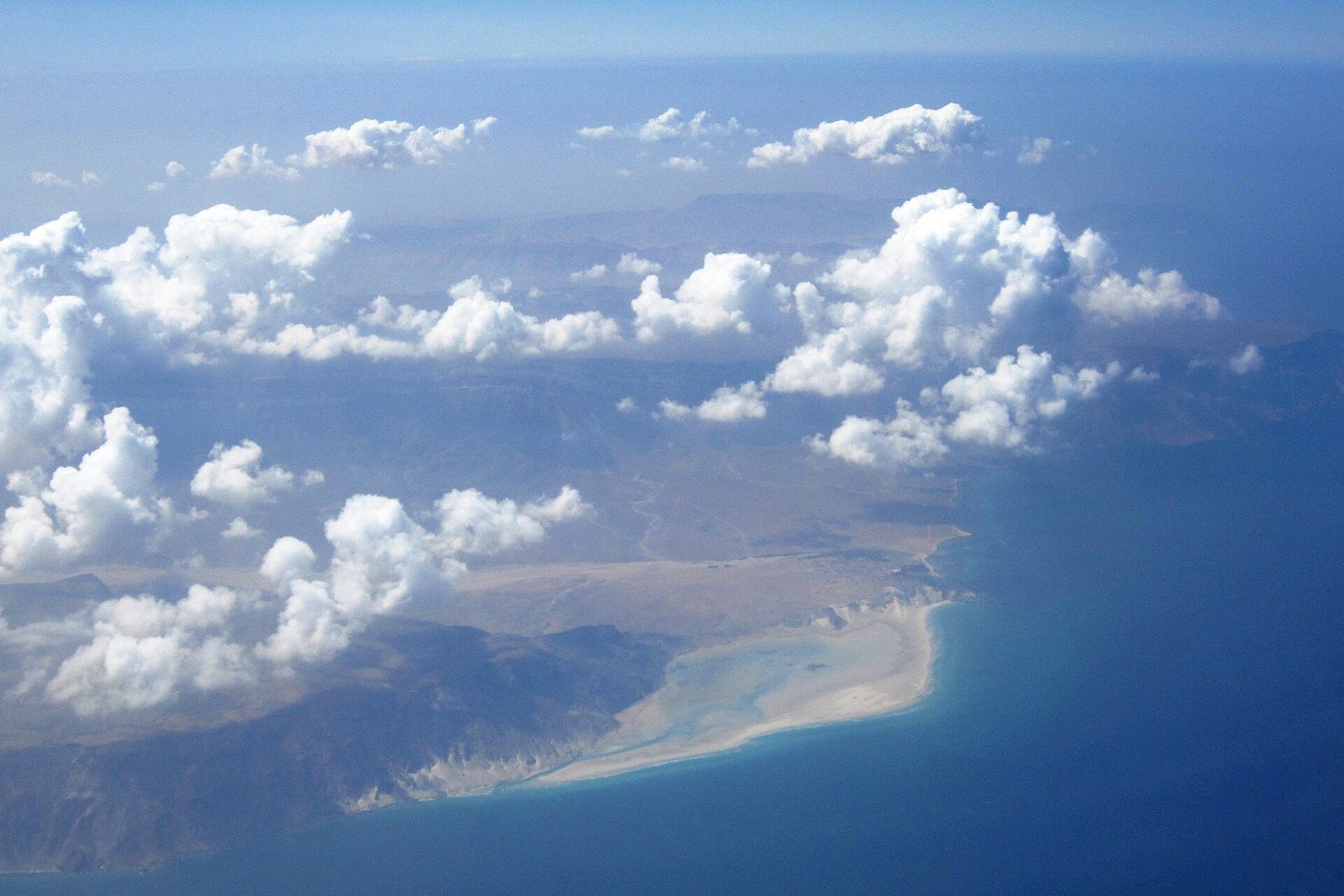 Aerial view of Detwah Lagoon and the pale shoreline of Socotra