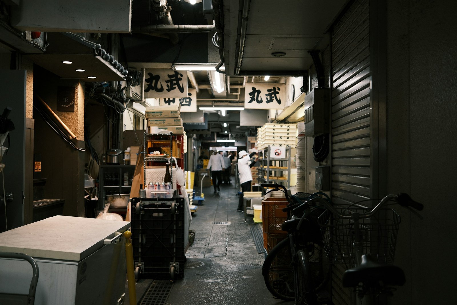 Narrow market alley lined with produce and food shops at Tsukiji in Tokyo, Japan