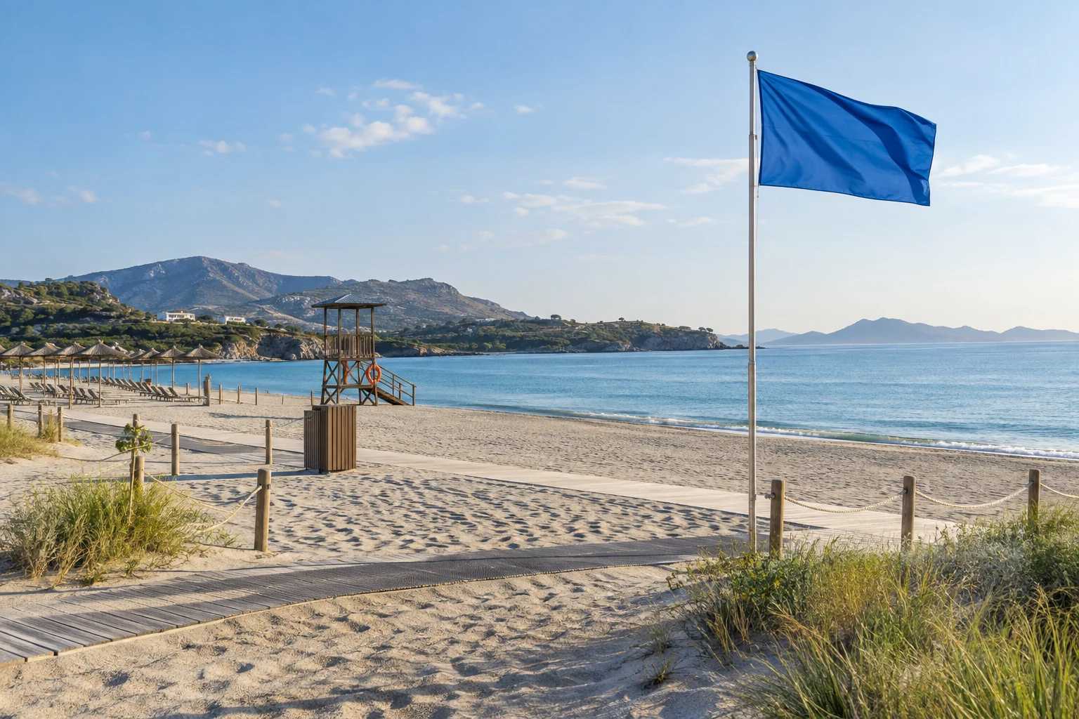 AI-generated editorial scene of a plain blue flag above a managed beach with sea, sand and safety facilities