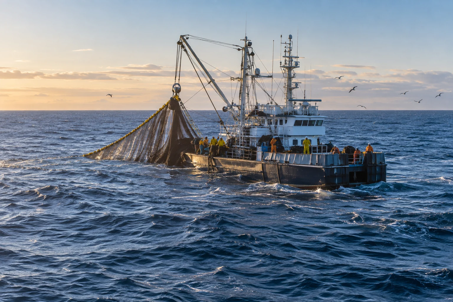 AI-generated editorial scene of a commercial tuna fishing vessel working offshore with a purse-seine net in open ocean