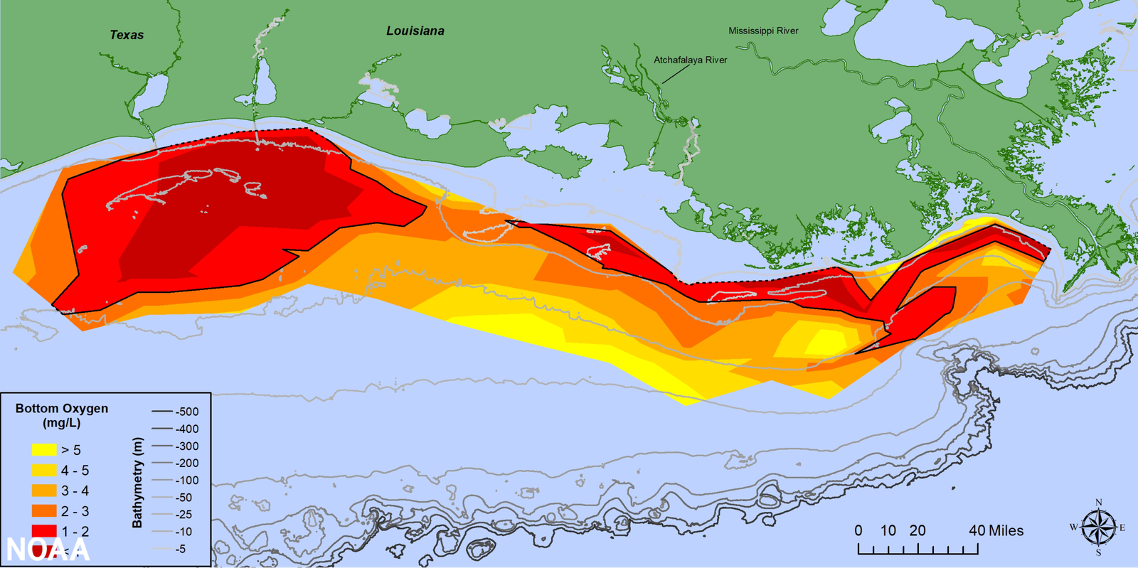 NOAA map showing a measured coastal hypoxic zone in the northern Gulf