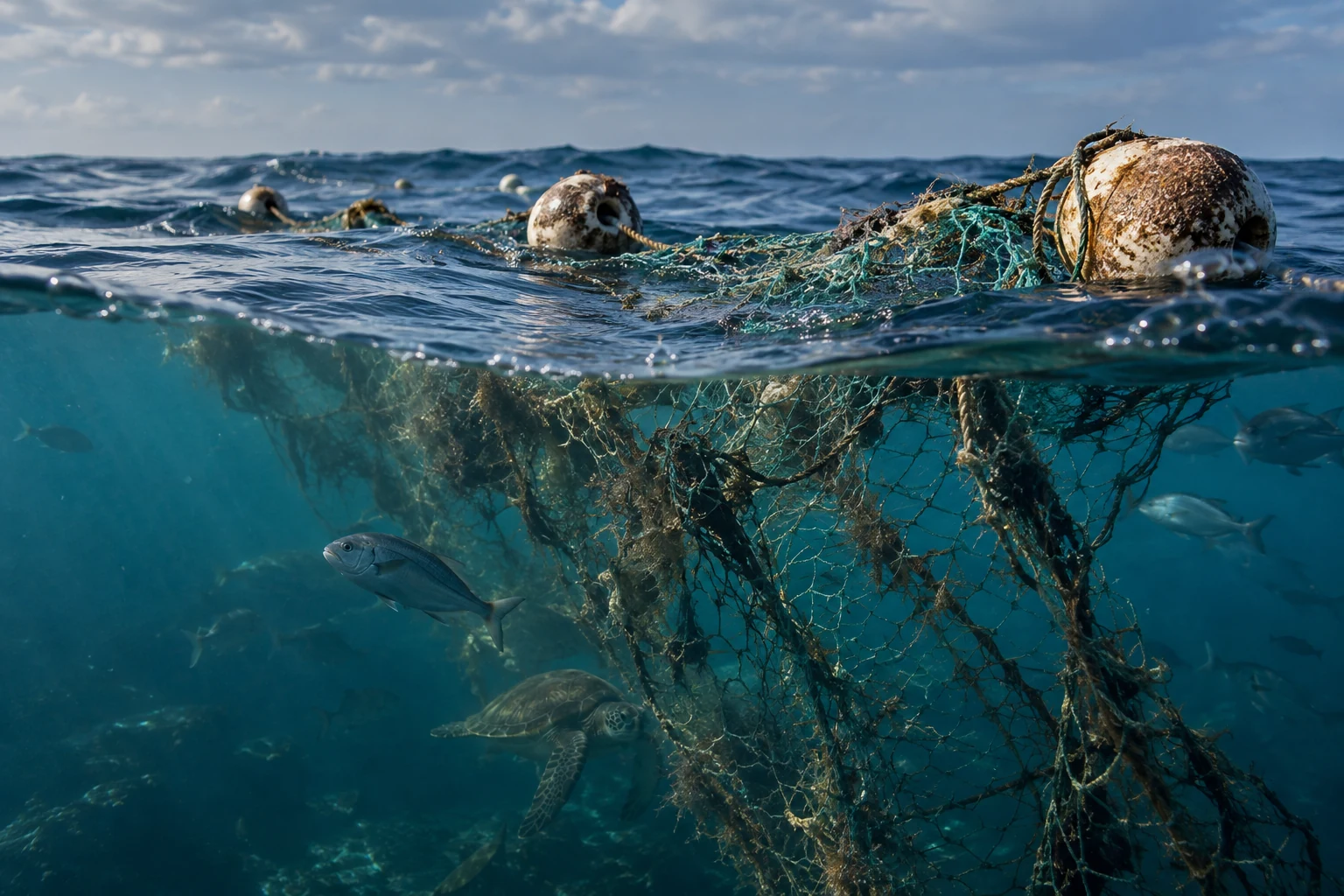 AI-generated editorial close view of abandoned fishing net and weathered floats drifting at the ocean surface