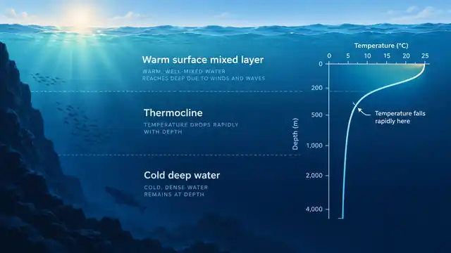 AI-generated ocean cross-section showing a warm surface mixed layer, thermocline, cold deep water and a temperature-with-depth profile